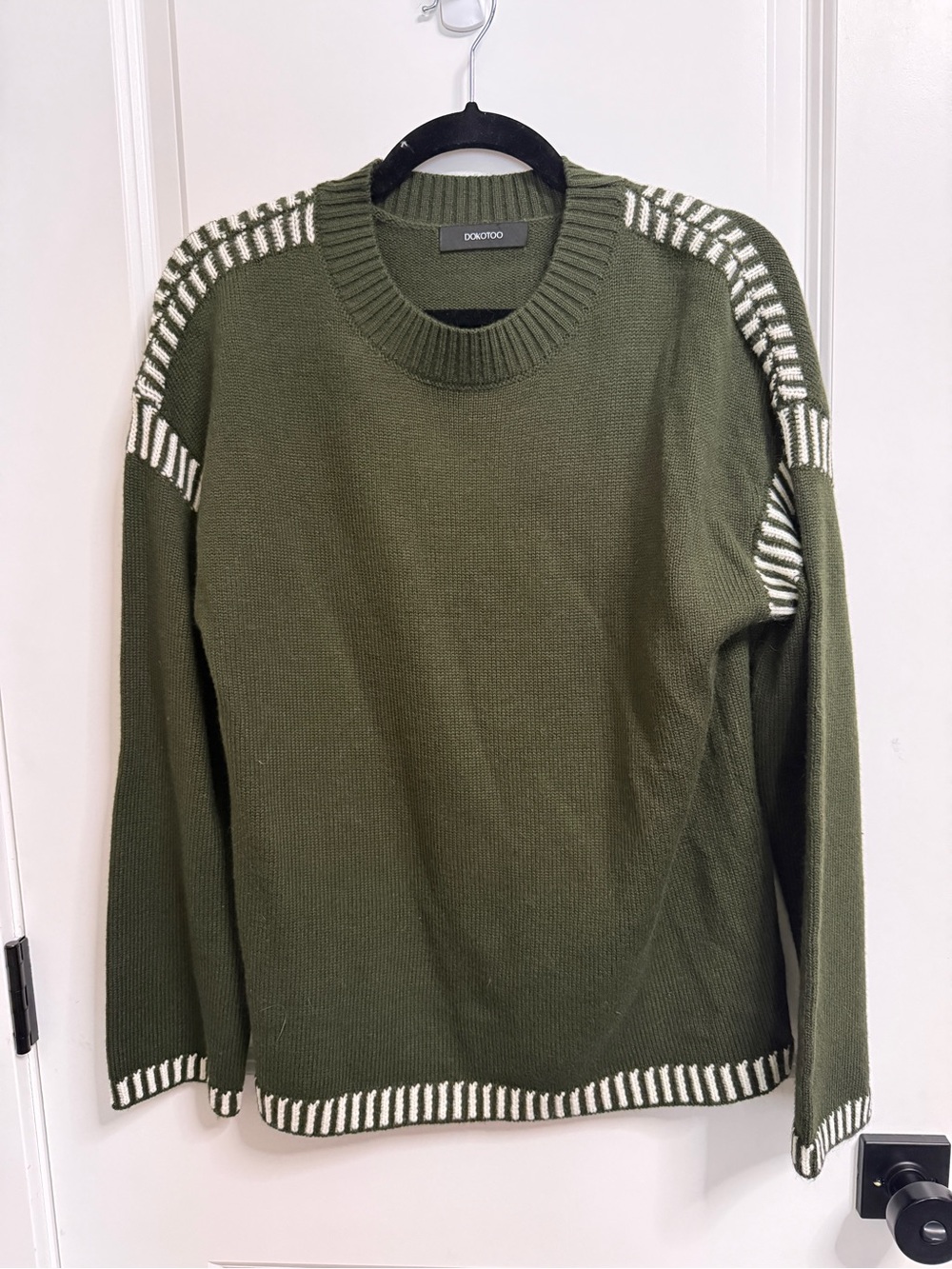 Heavy Olive Crewneck Sweater with White Contrast Trim